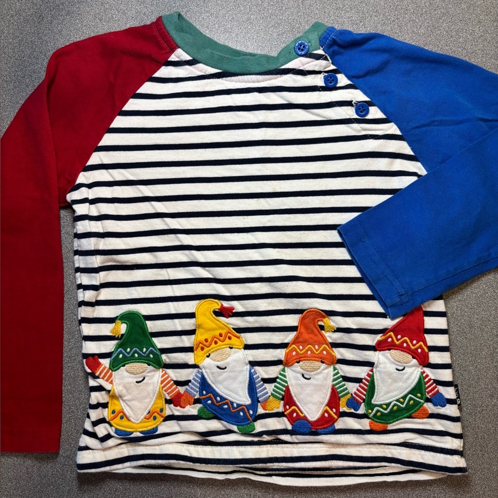 JoJo Maman Bébé Ecru Navy Stripe Gonks Appliqué Top. SZ 4/5 yr.‎ Gnomes.